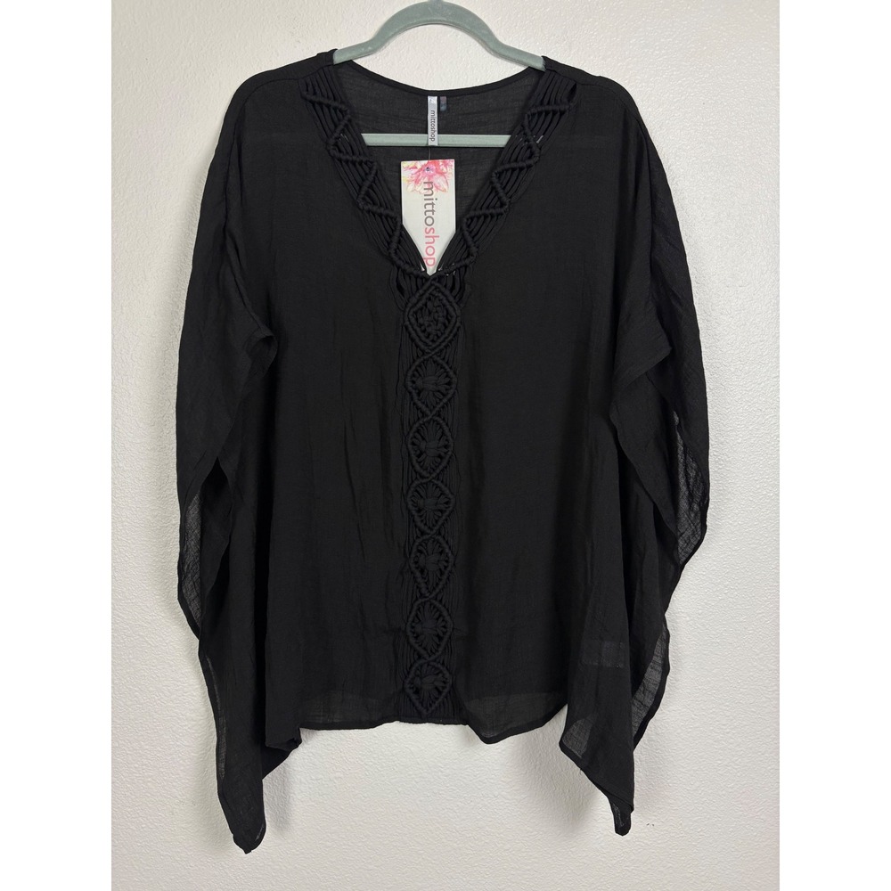 Mittoshop Womens M Black Crochet Macrame Kaftan Poncho Boho Top NWT Resort Beach
